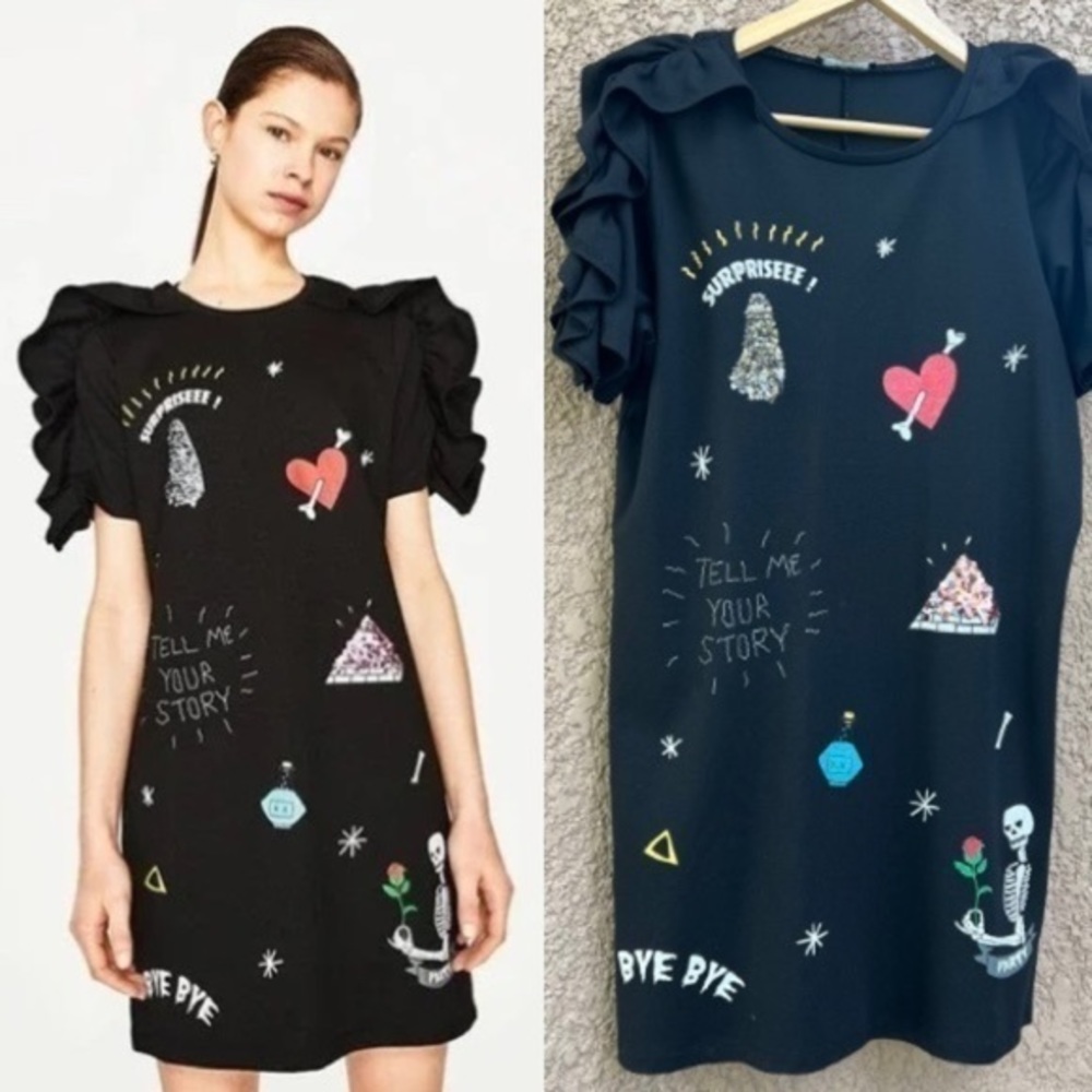 Zara Novelty Print Spooky-Core Ruffle Dresses Womens Size Large